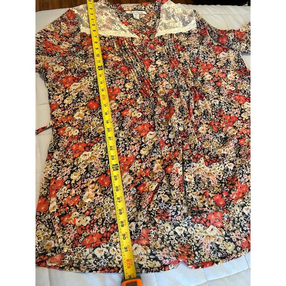 American Rag Cie Plus 2X Floral Boho Peasant Blouse Sheer Lace Yoke Button Front - Picture 5 of 15